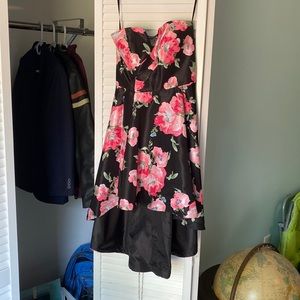 Sequin Hearts, black with pink flowers, high low dress